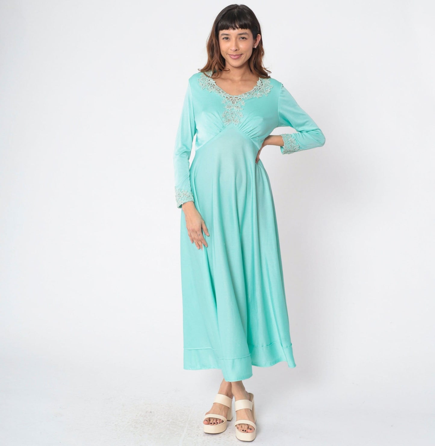 70s Seafoam Floral Beaded Maxi Dress Long Sleeve Empire Waist Medium