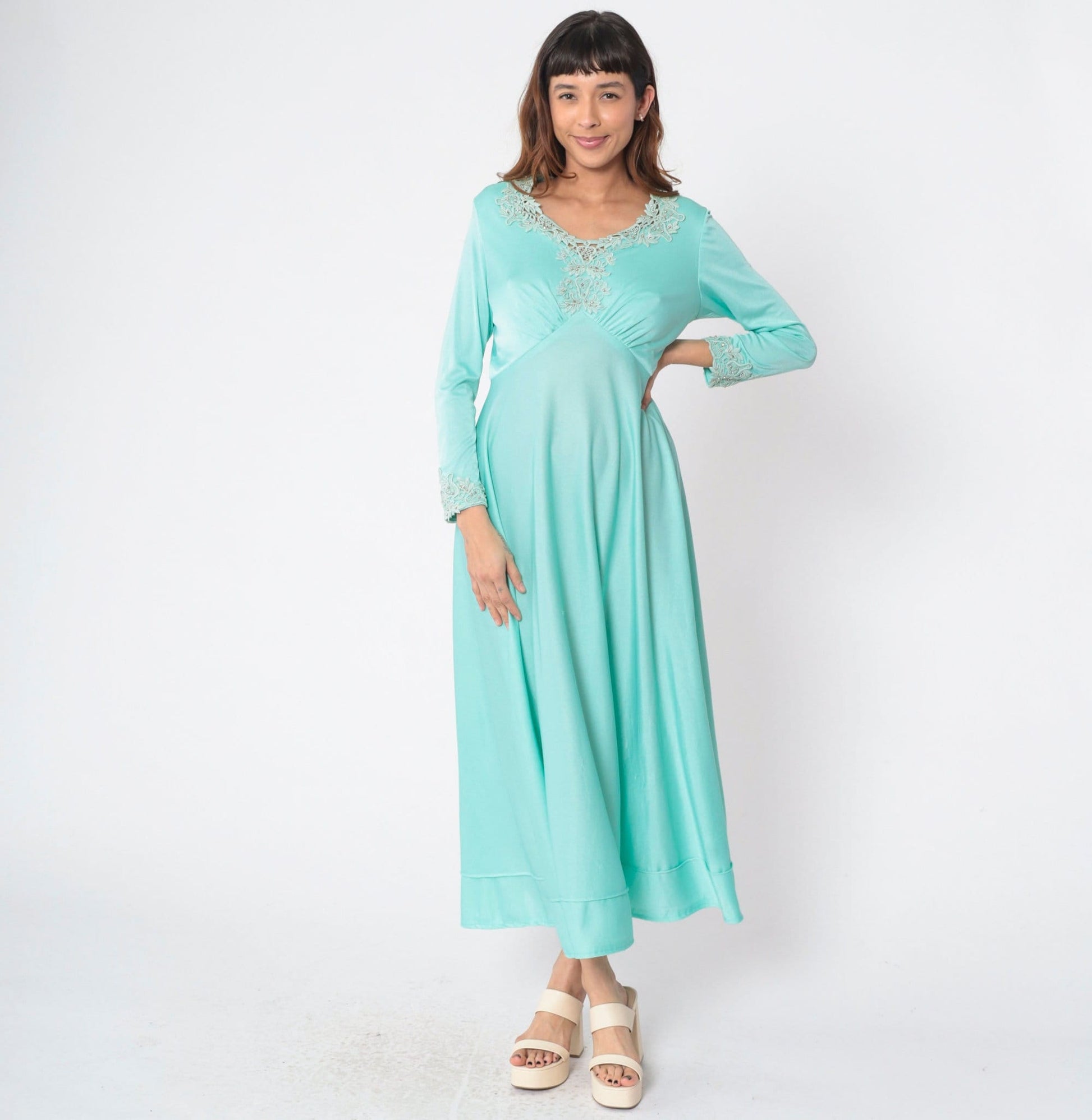 70s Seafoam Floral Beaded Maxi Dress Long Sleeve Empire Waist Medium
