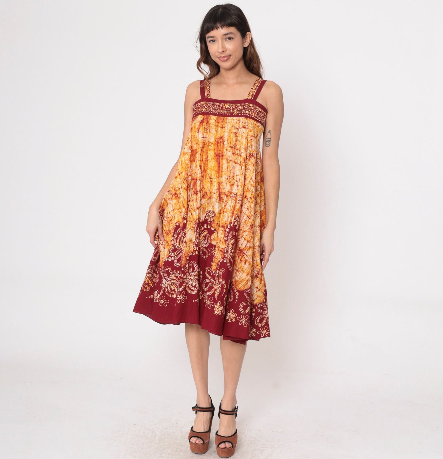 00s Batik Floral Sundress Tropical Print Tank Mini Yellow Red Small S