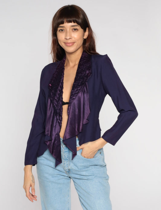 90s Purple Cascade Ruffle Blazer Cropped Jacket Woven Chest Extra Small