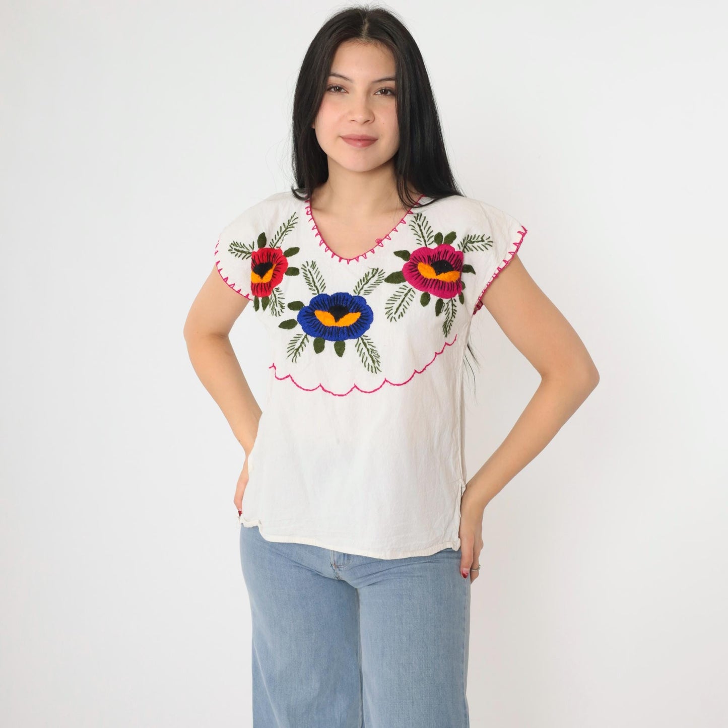 90s Mexican Floral Embroidered Blouse White Cotton Short Sleeve Medium