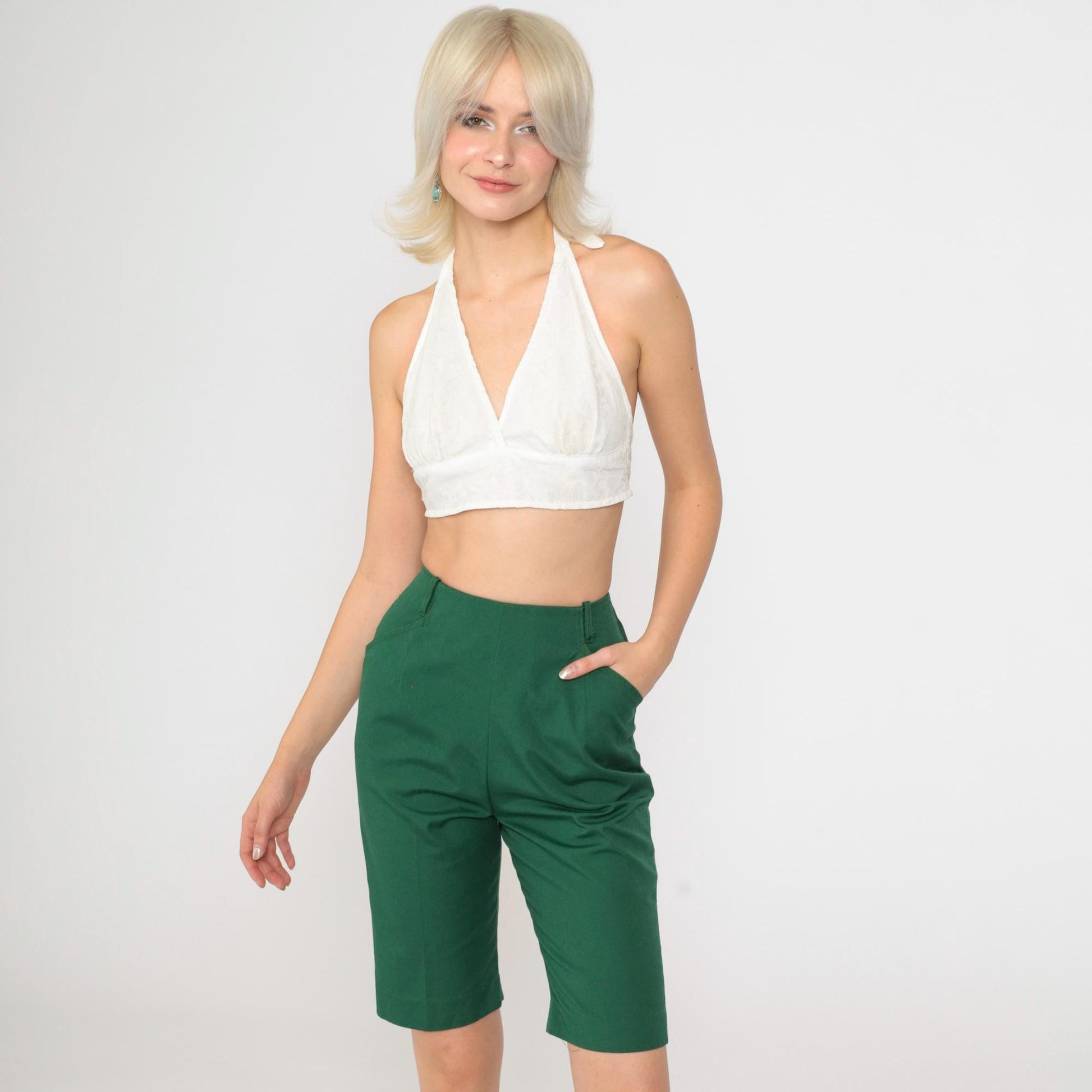 1970s Miss Pat High-Waisted Bermuda Shorts Green Koratron Extra Small