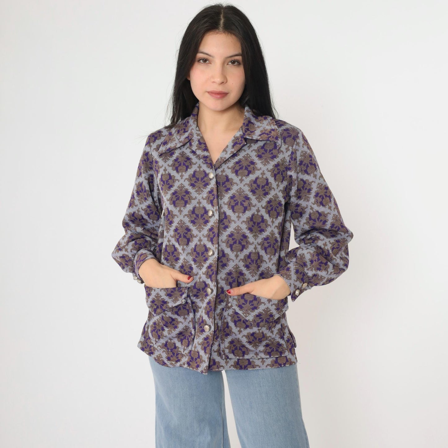 70s Geometric Damask Print Blouse Purple Brown Button Up Long Sleeve Medium M