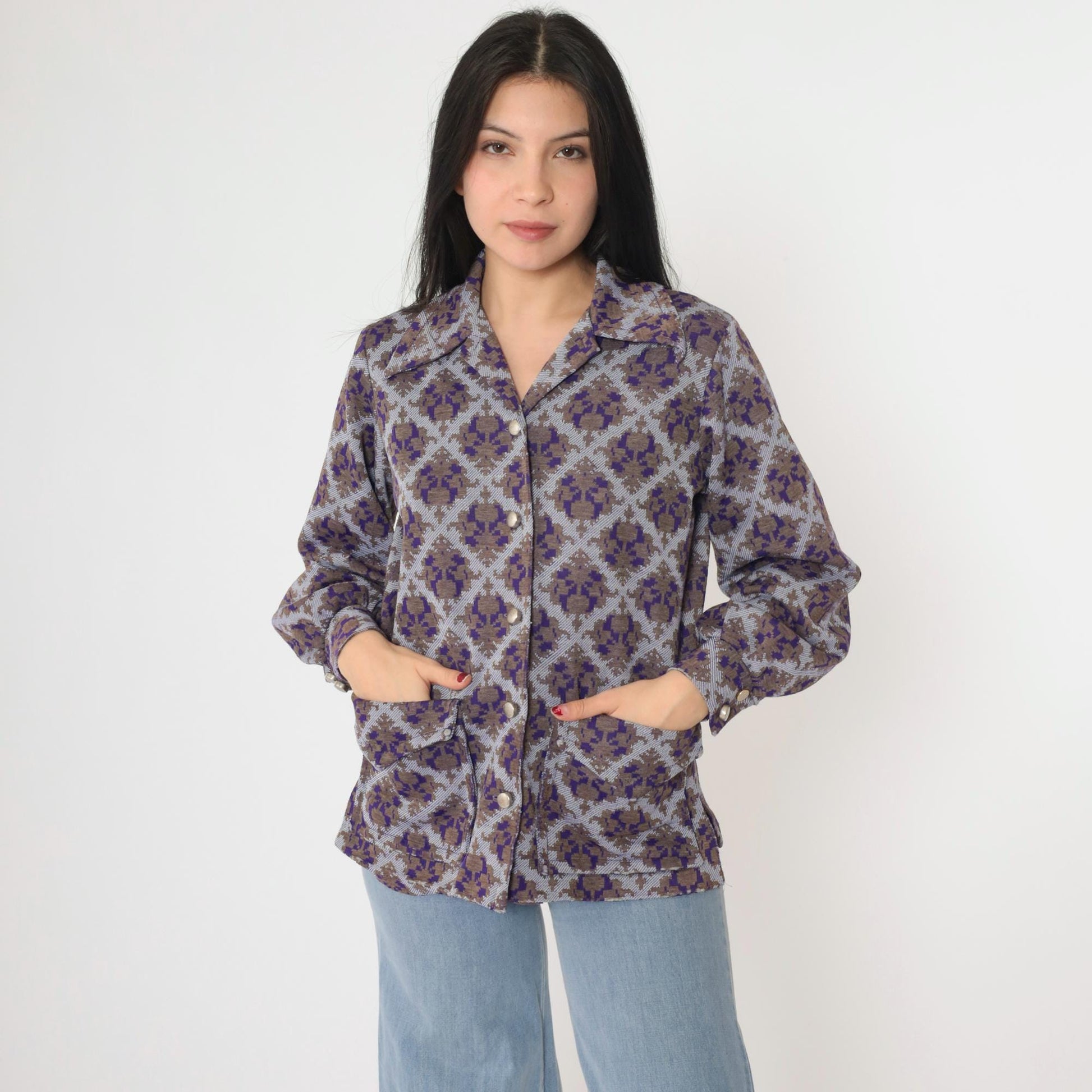 70s Geometric Damask Print Blouse Purple Brown Button Up Long Sleeve Medium M