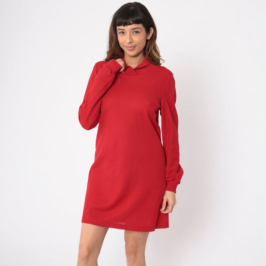 80s Red Mini Shift Dress Shawl Collar Ribbed Knit Small