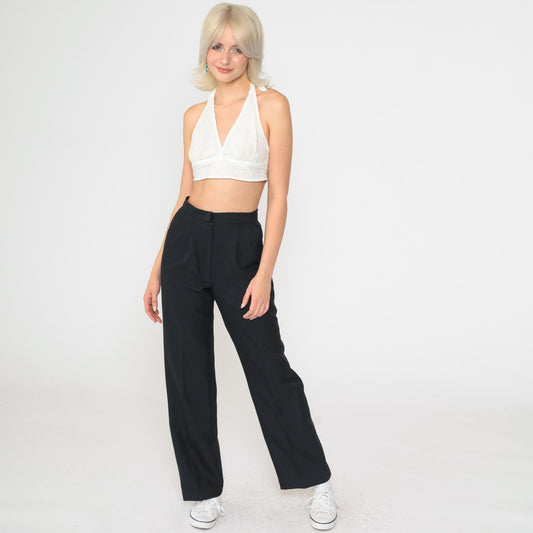 80s Black High-Waisted Pleated Straight Leg Trousers Small