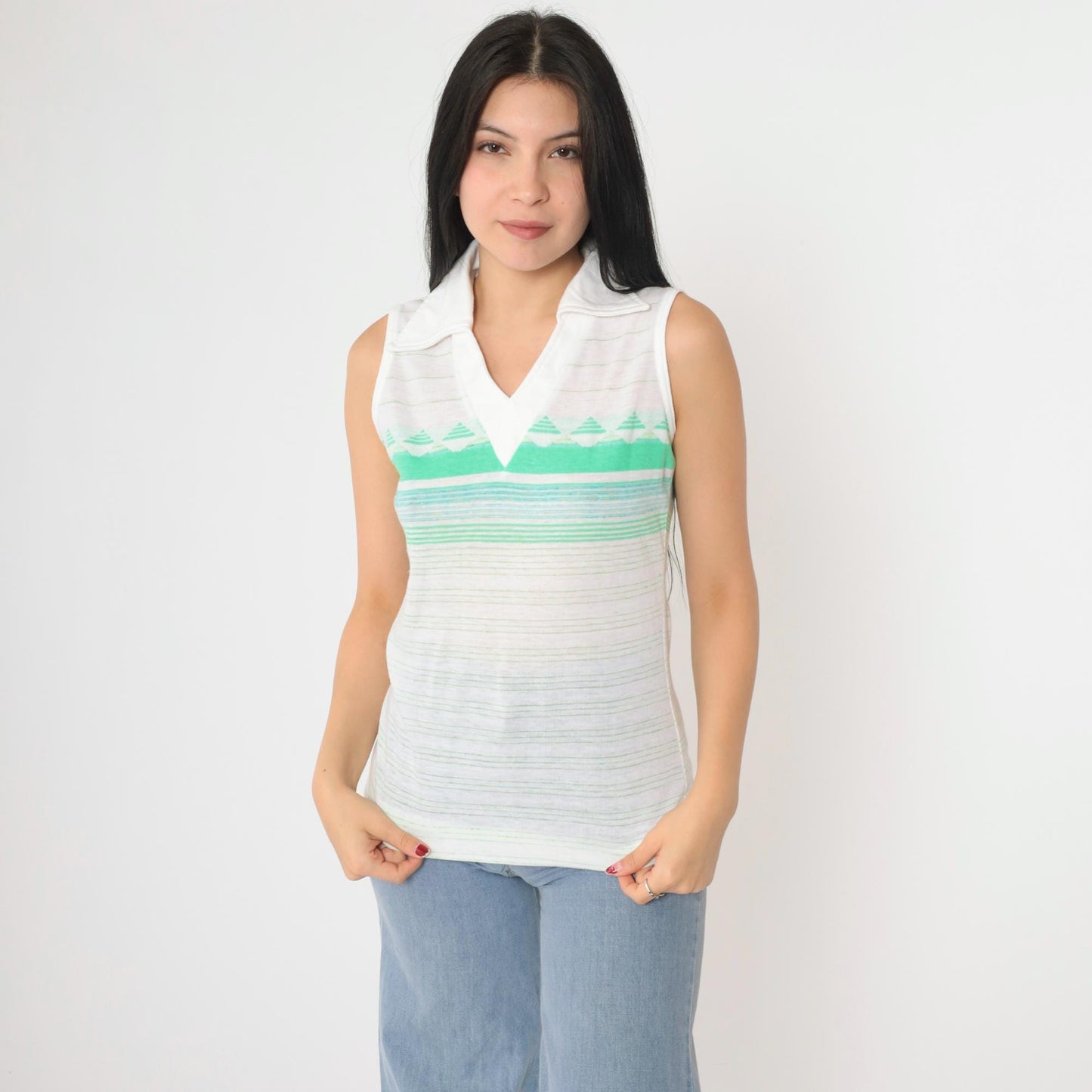 70s Jantzen Striped V-Neck Tank Top White Green Geometric Small