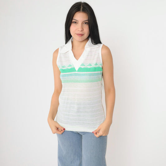 70s Jantzen Striped V-Neck Tank Top White Green Geometric Small
