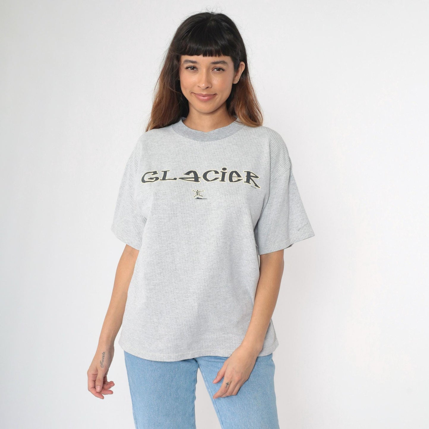 90s Glacier National Park Graphic T-Shirt Grey Stick Figure Crewneck Large L
