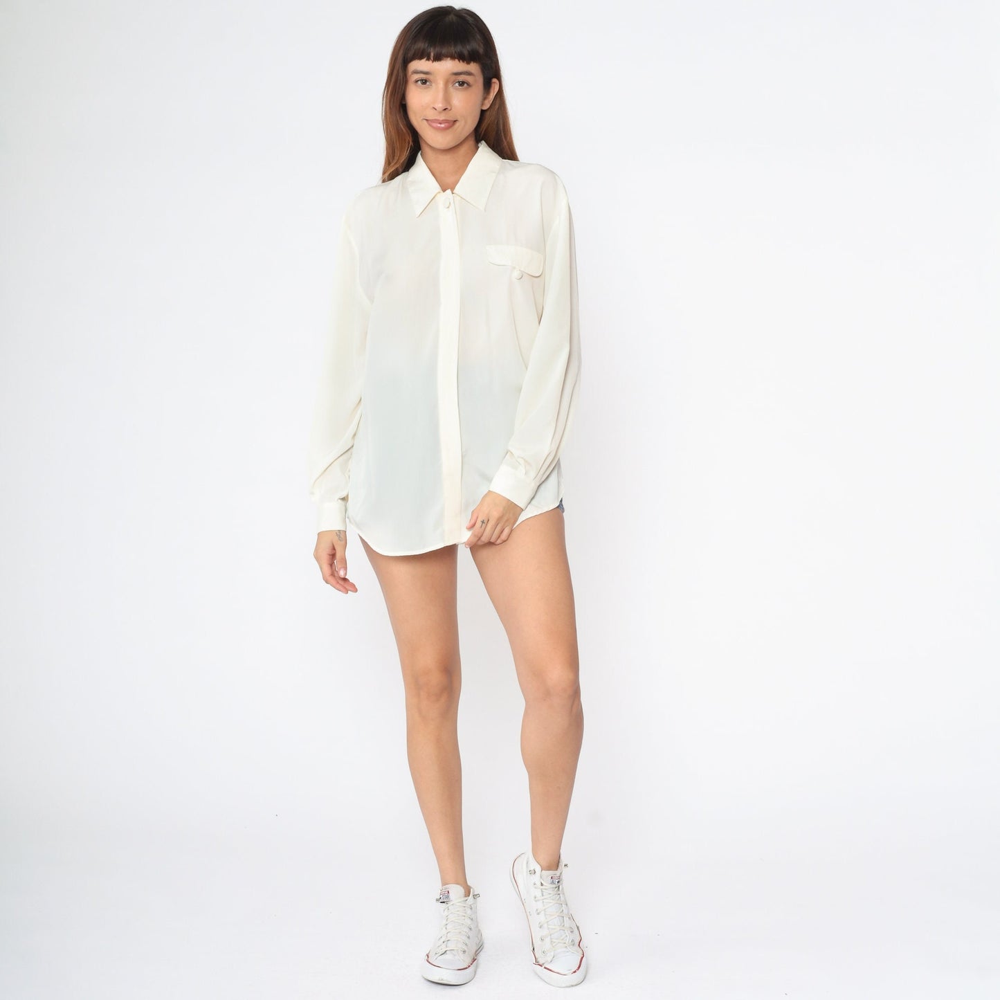 90s Cream Collared Blouse Hidden Button Long Sleeve Medium