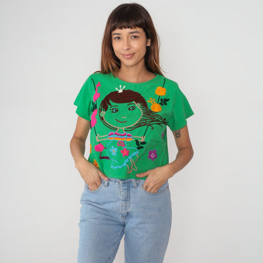 90s Green Embroidered Blouse Girl on Swing Floral Short Sleeve Cotton Medium