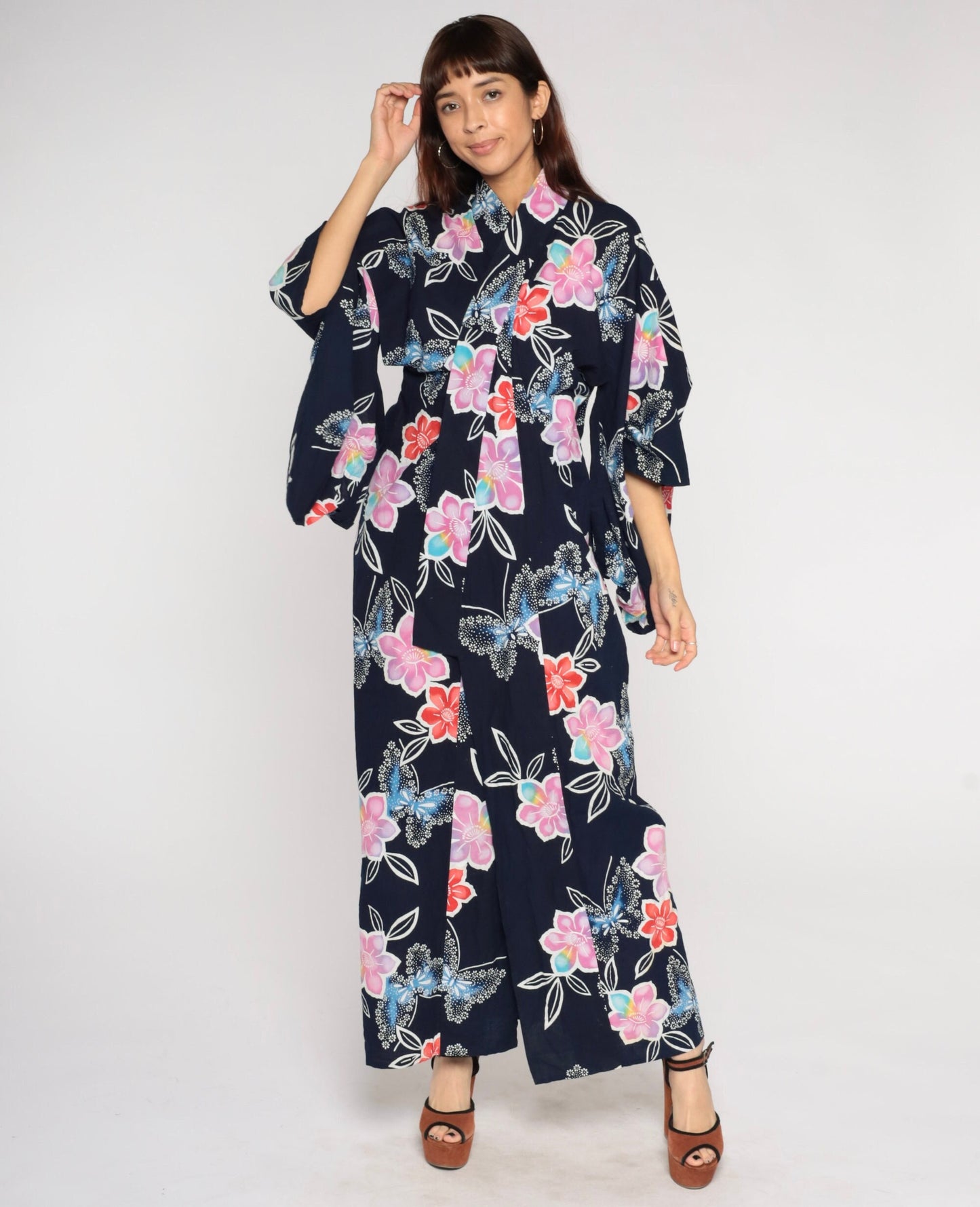 Y2K Navy Floral Butterfly Kimono Robe Maxi Cotton Open Front Medium