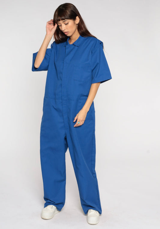 90s Blue Coveralls Short Sleeve Jumpsuit Men's 46 Extra Large