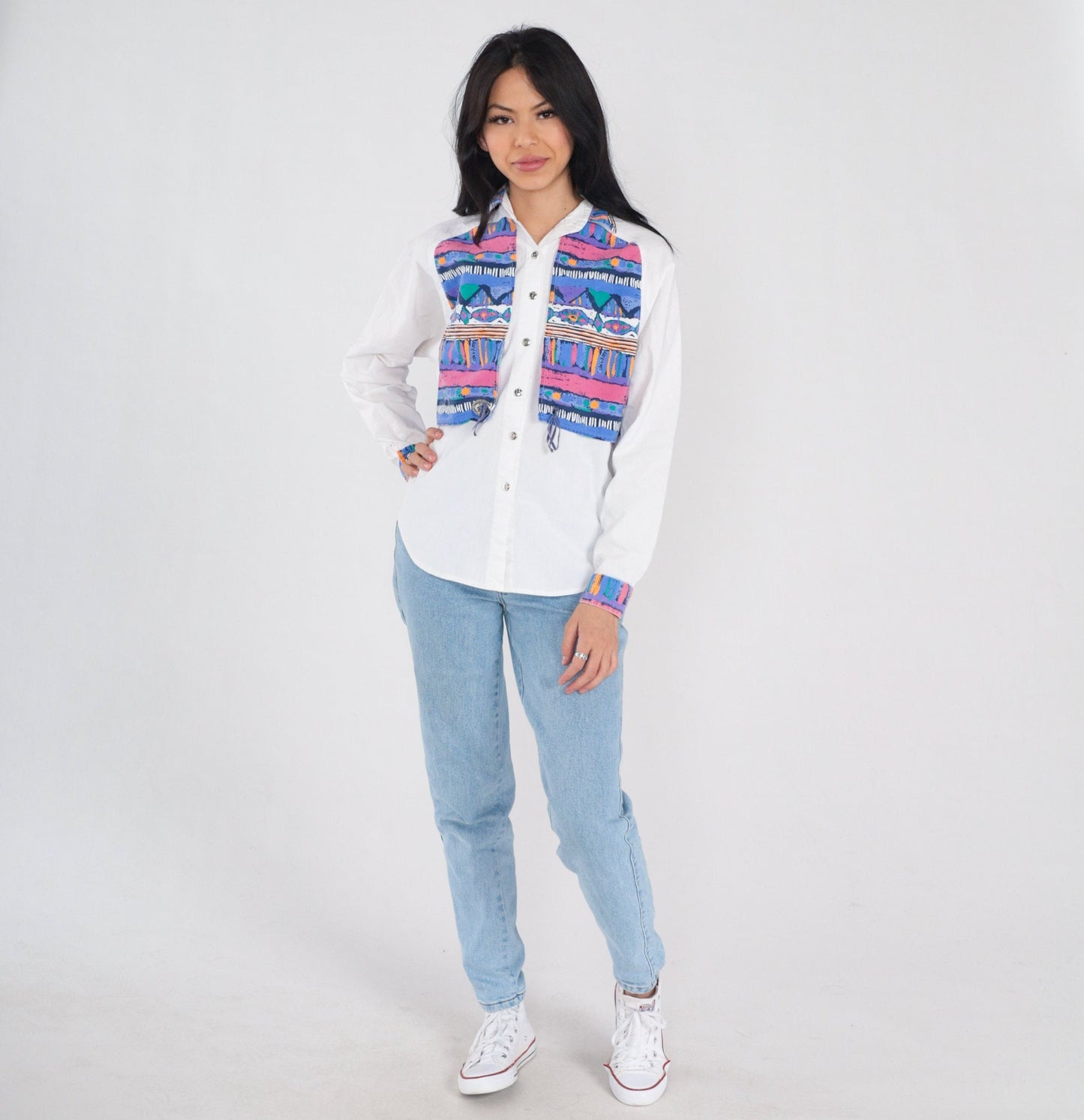 90s Southwestern Button-Up Blouse White Concho Yoke Layered Print Medium