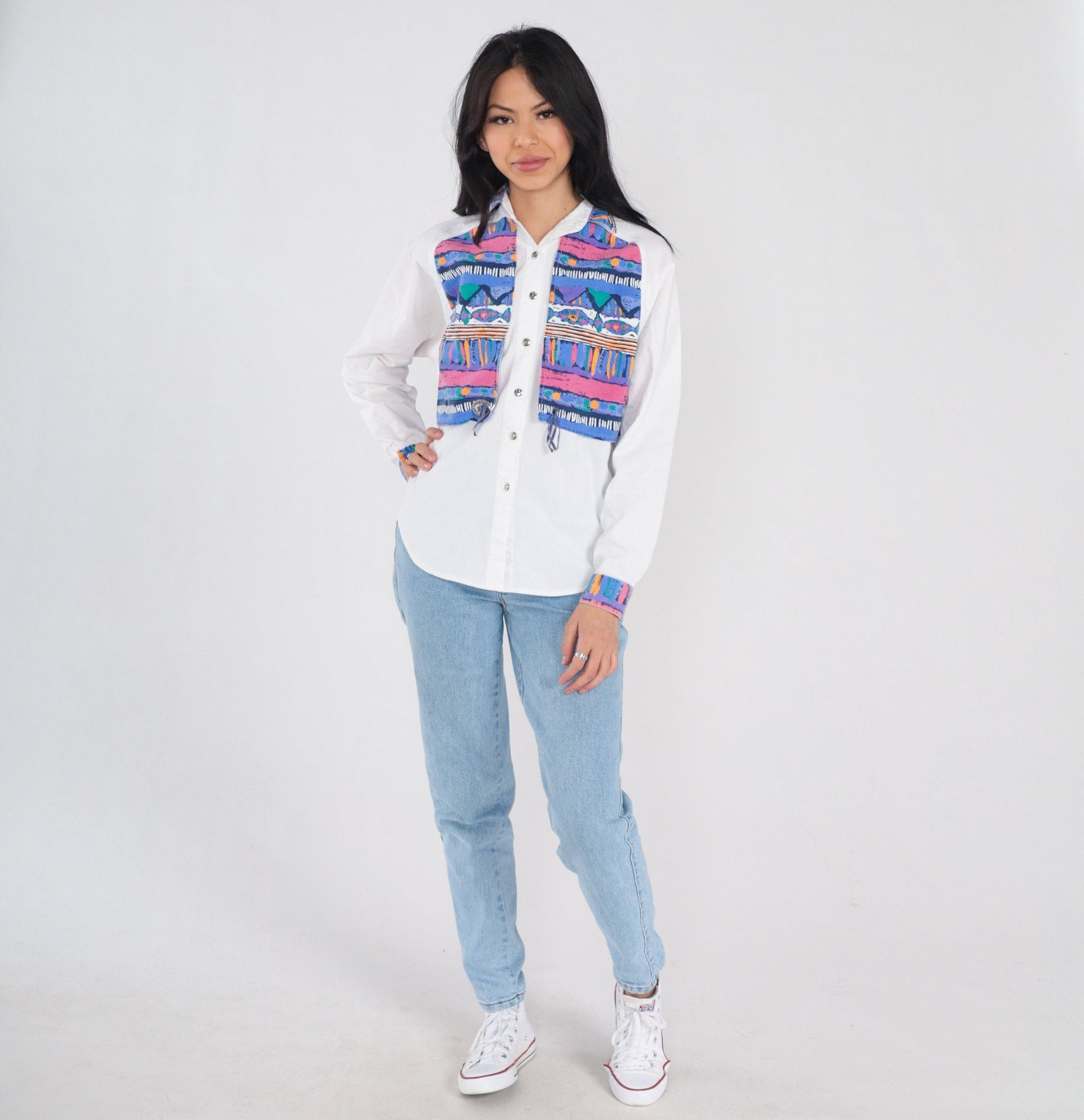 90s Southwestern Button-Up Blouse White Concho Yoke Layered Print Medium