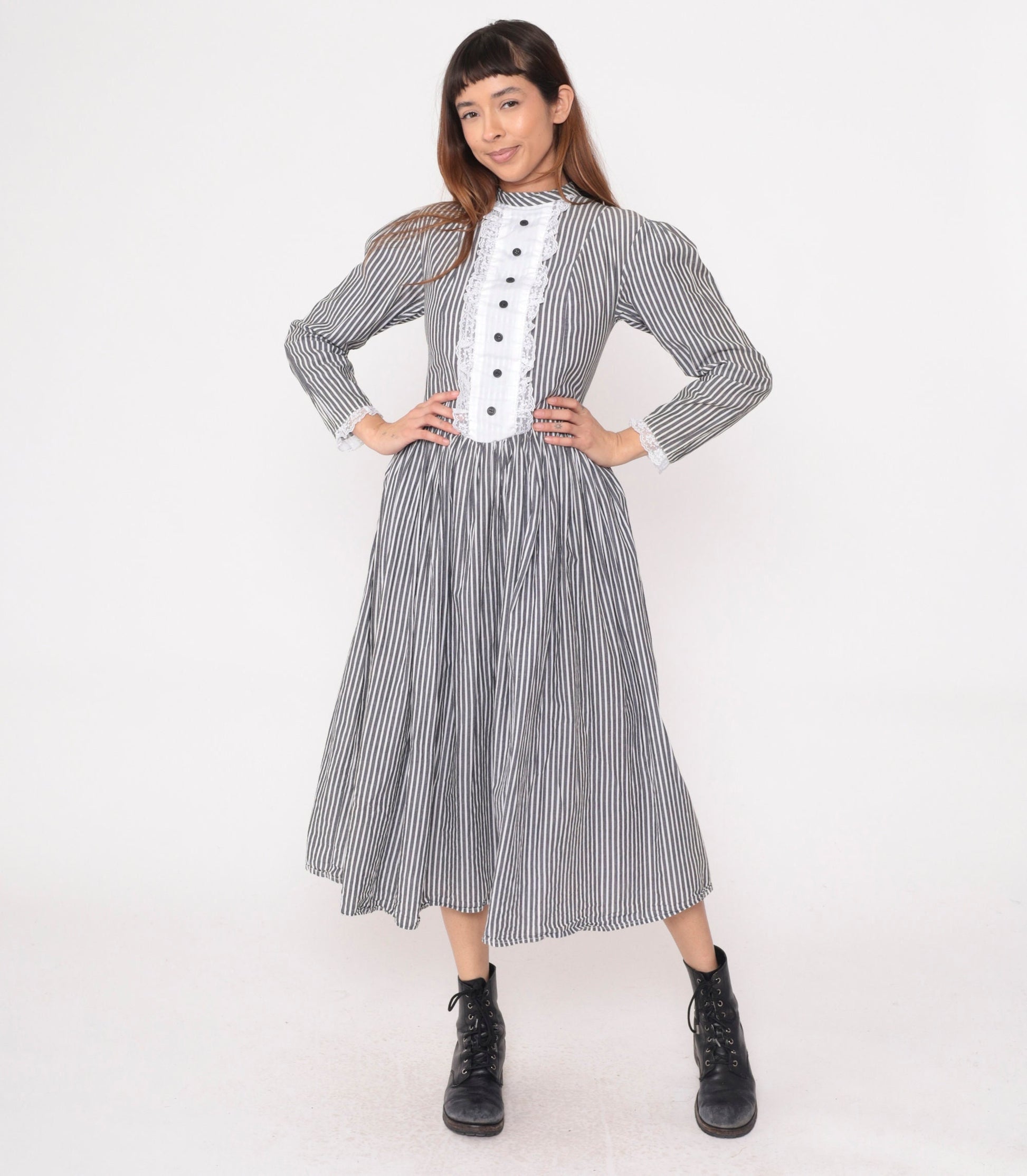 80s Grey White Striped Midi Dress Tuxedo Lace Bib Puff Sleeve Small