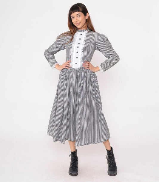 80s Grey White Striped Midi Dress Tuxedo Lace Bib Puff Sleeve Small
