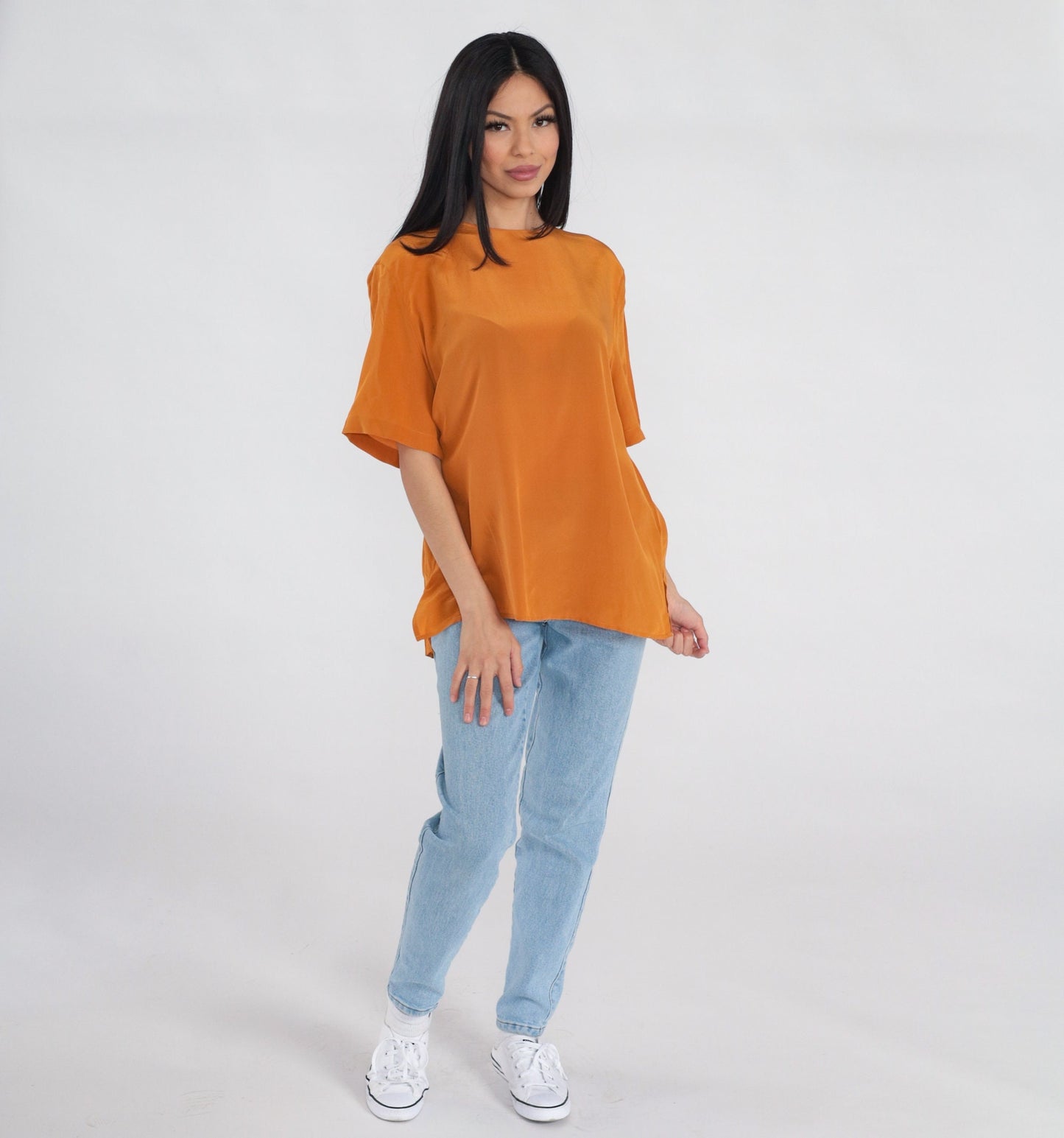 90s Orange Silk Blouse Short Sleeve Keyhole Back Vintage Top Large