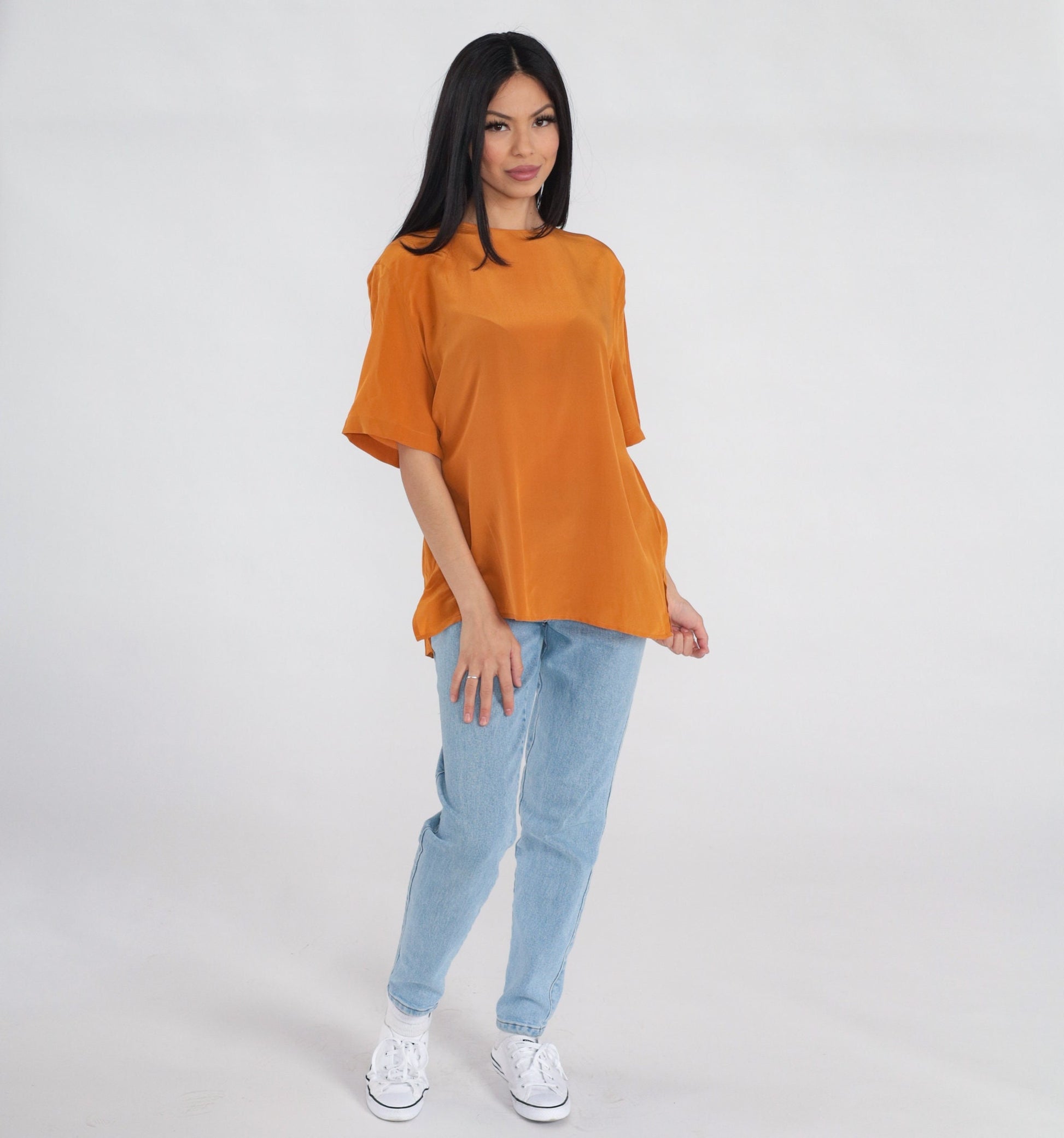 90s Orange Silk Blouse Short Sleeve Keyhole Back Vintage Top Large