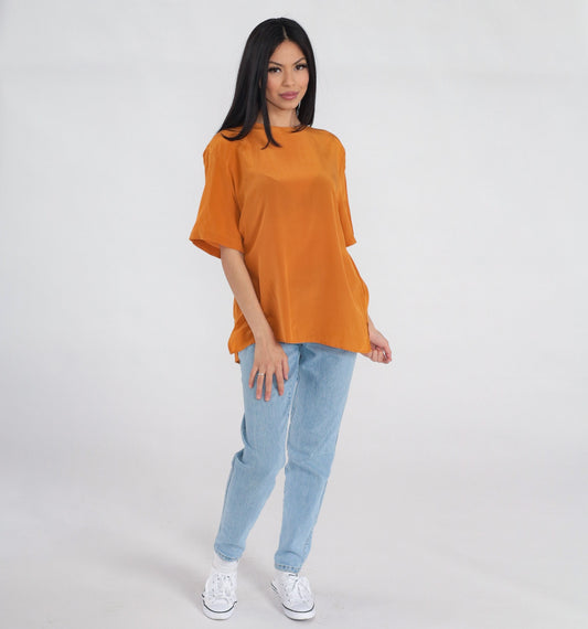 90s Orange Silk Blouse Short Sleeve Keyhole Back Vintage Top Large