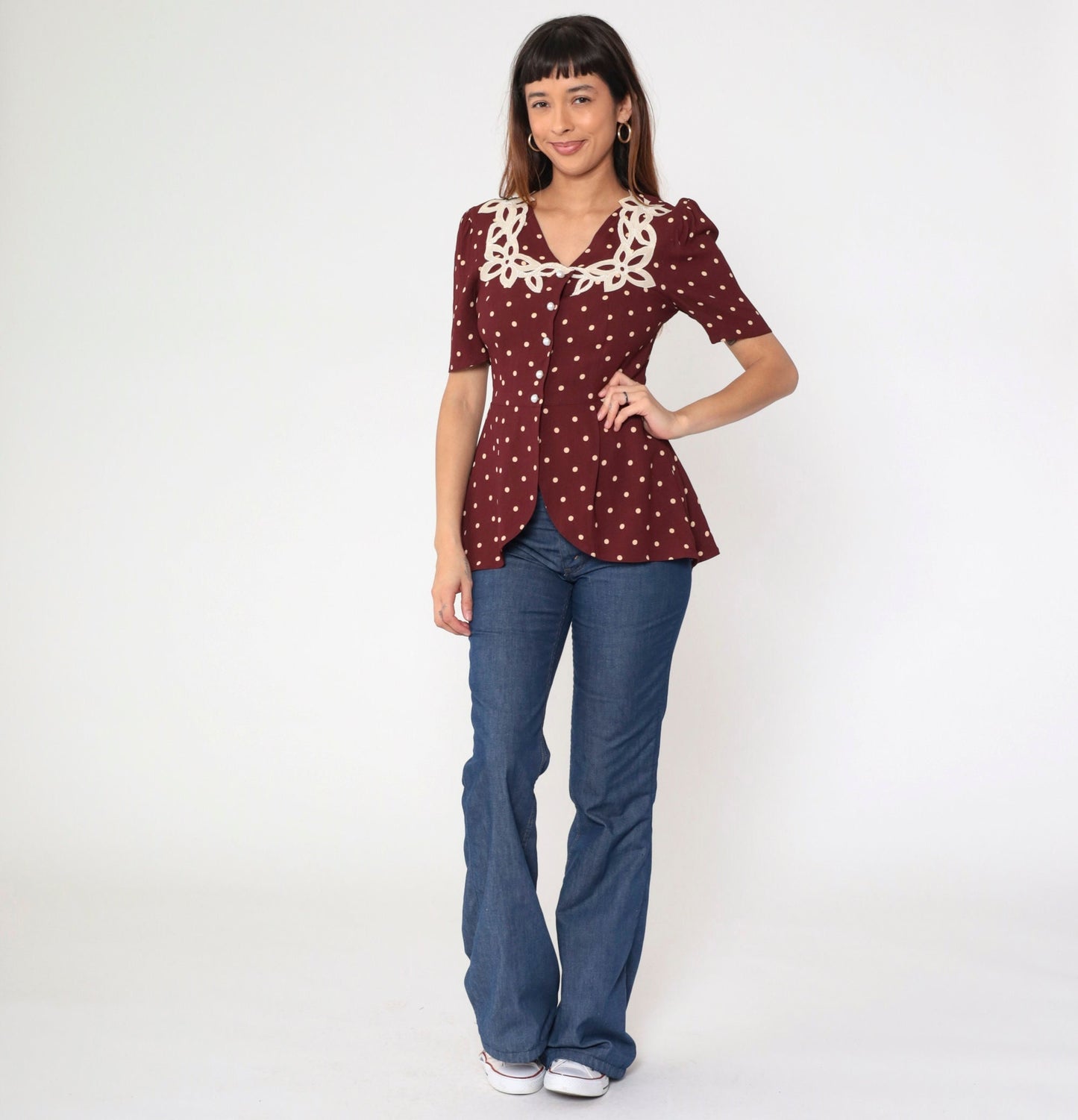 80s Maroon Polka Dot Beaded Floral Button-Up Blouse Puff Sleeve Small S