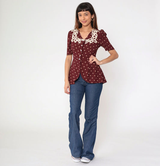 80s Maroon Polka Dot Beaded Floral Button-Up Blouse Puff Sleeve Small S