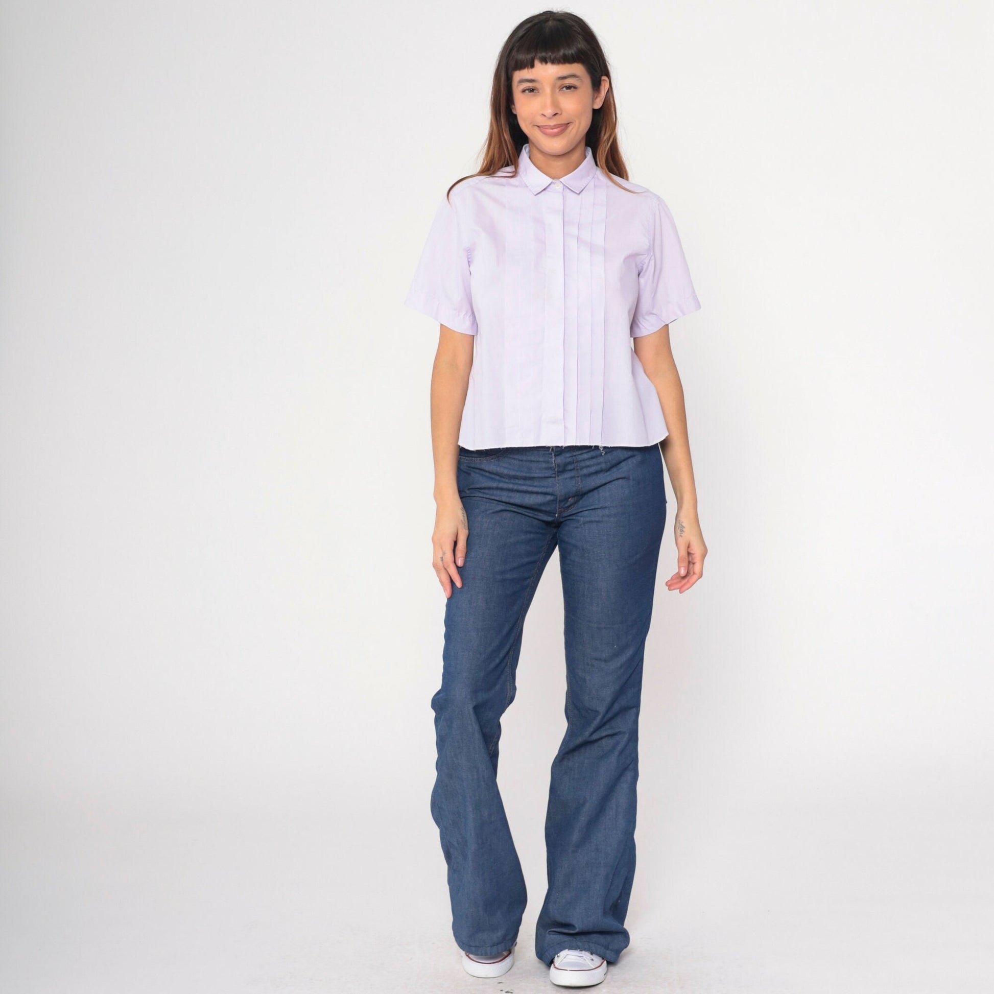 80s Lavender Pleated Button-Up Blouse Short Sleeve Cotton Blend Medium