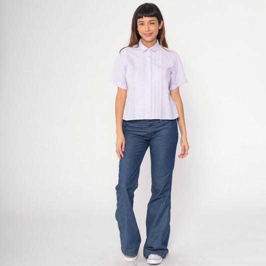 80s Lavender Pleated Button-Up Blouse Short Sleeve Cotton Blend Medium