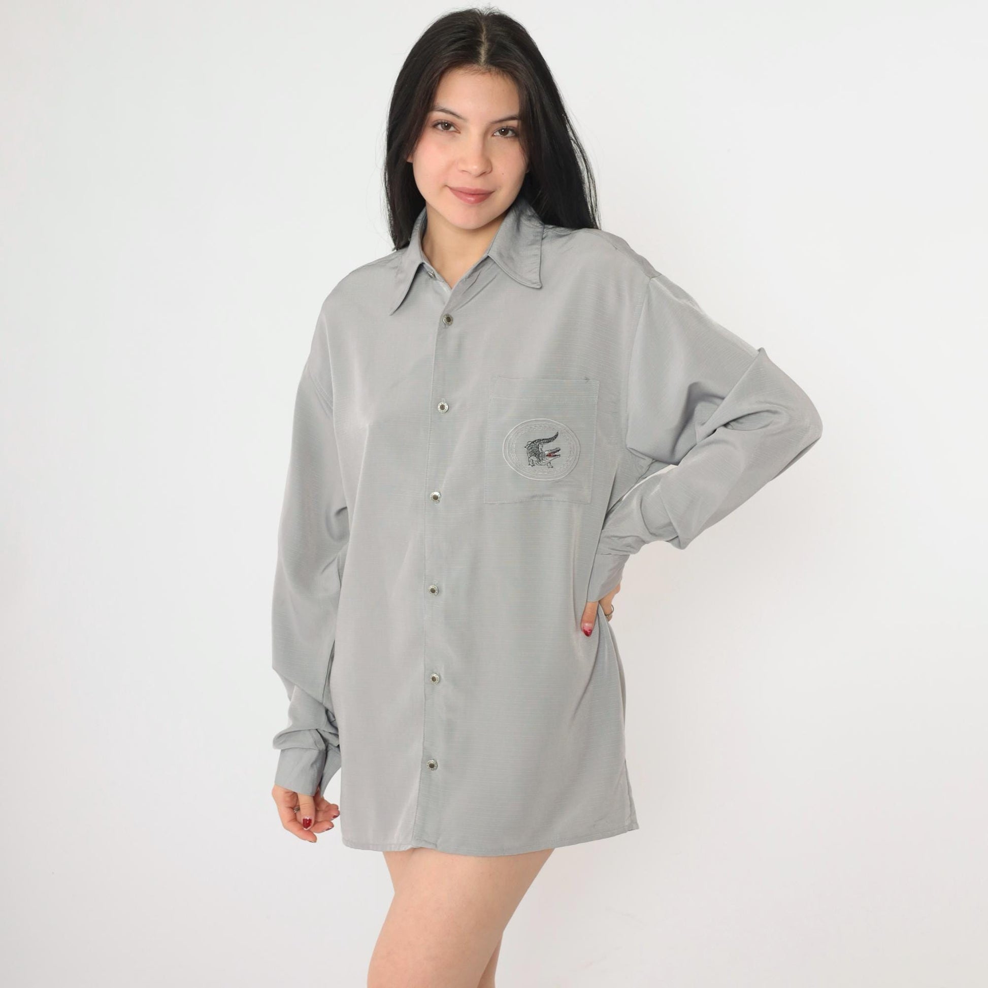 Y2K Danesi Grey Microfiber Button-Up Shirt Dragon Embroidered Men's Small