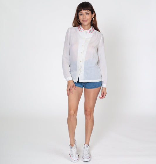 80s White Sheer Blouse Floral Embroidered Peter Pan Collar Button Up Small