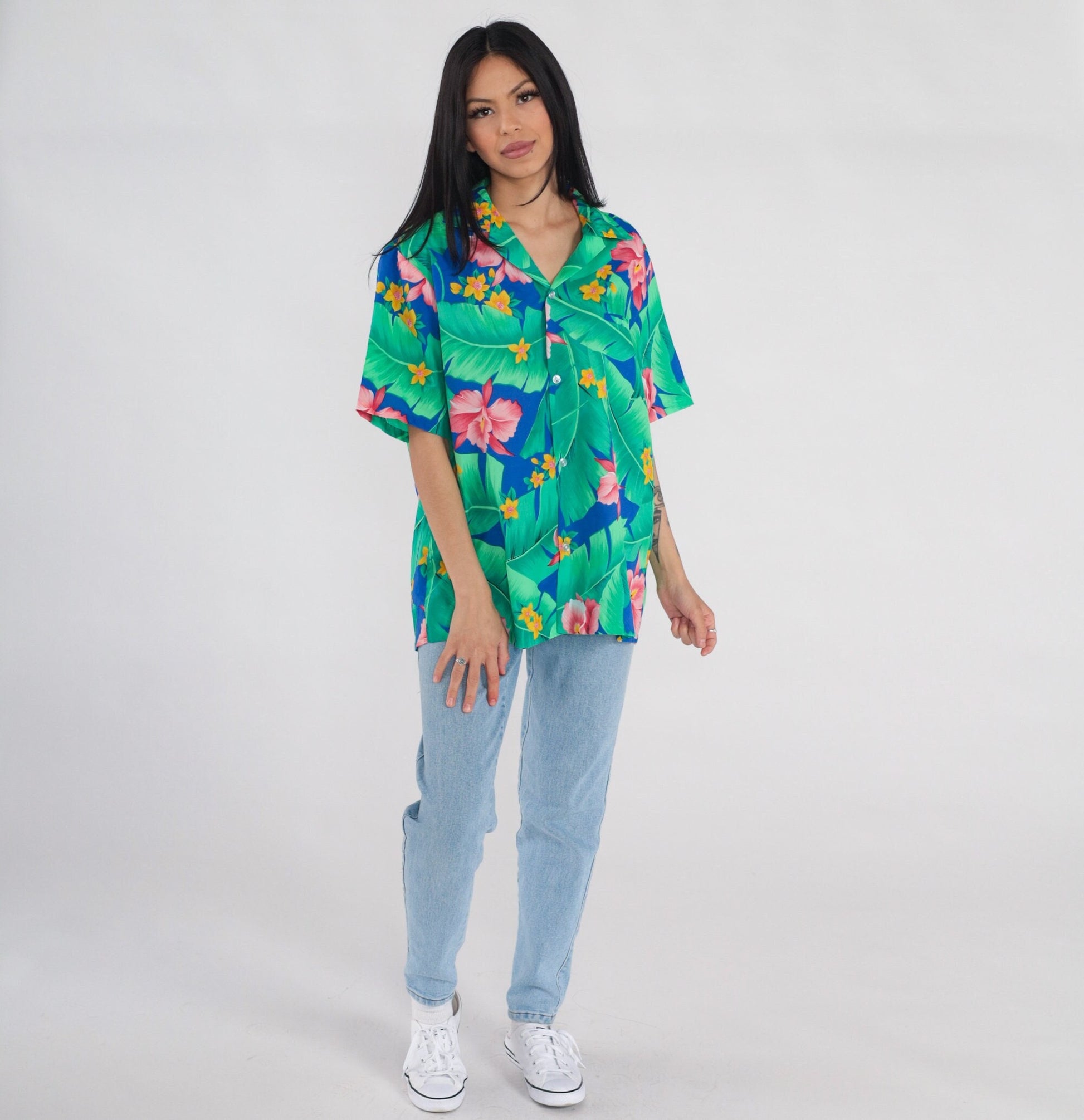 90s Tropical Floral Button Up Shirt Orchid Leaf Print Green Blue Pink Medium