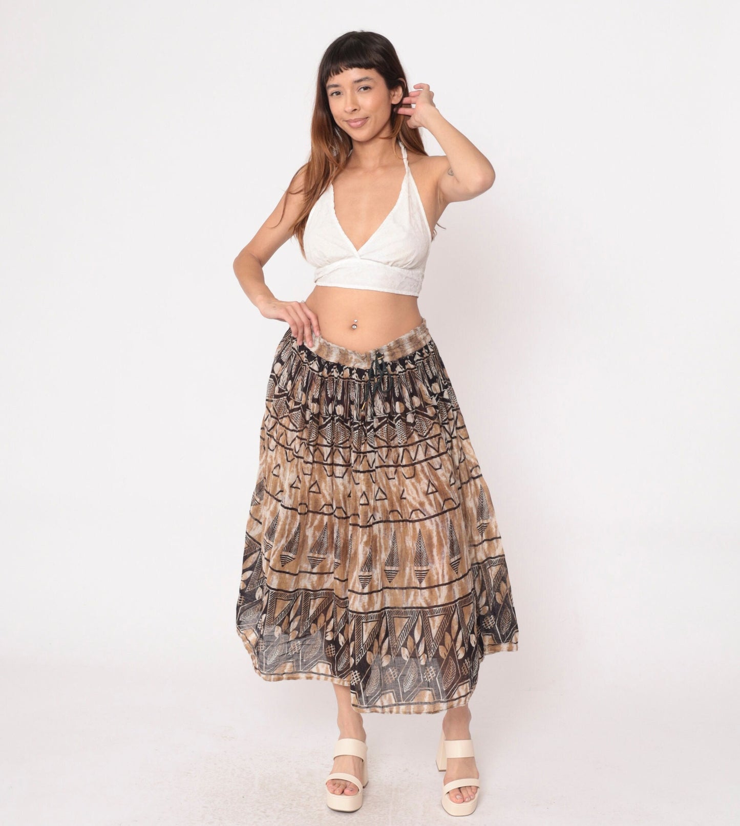 90s Geometric Leaf Print Broomstick Skirt Brown Midi Cotton Medium
