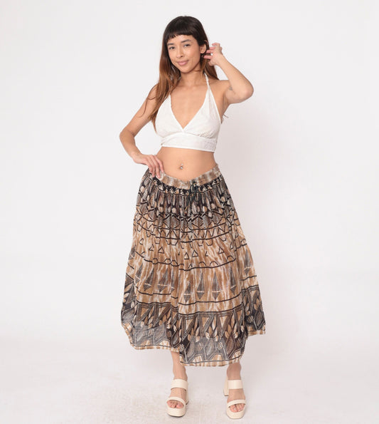 90s Geometric Leaf Print Broomstick Skirt Brown Midi Cotton Medium