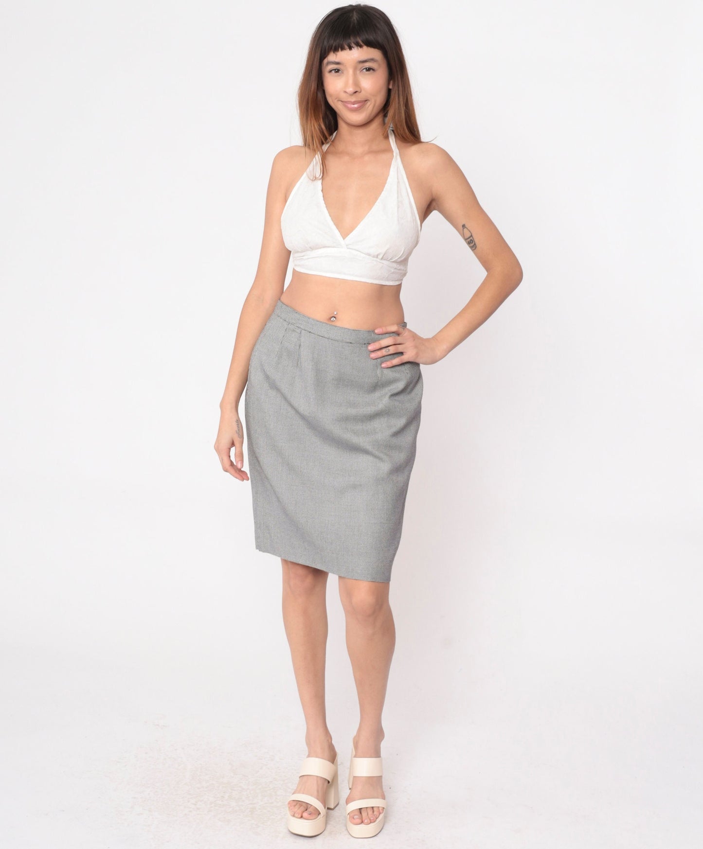 90s Houndstooth Pencil Skirt Black White High Waisted Mini Checkered Medium