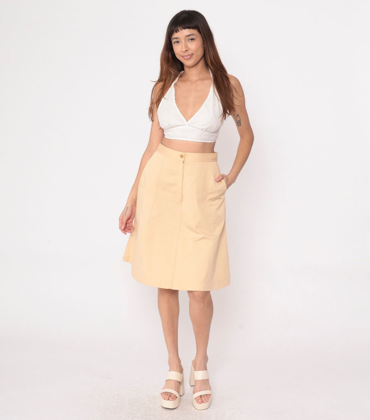 70s Tan A-Line Midi Skirt High Waist Pockets Front Zip Small