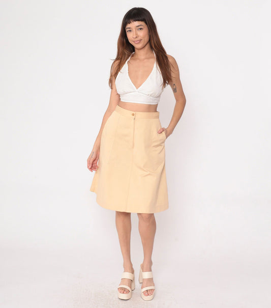 70s Tan A-Line Midi Skirt High Waist Pockets Front Zip Small