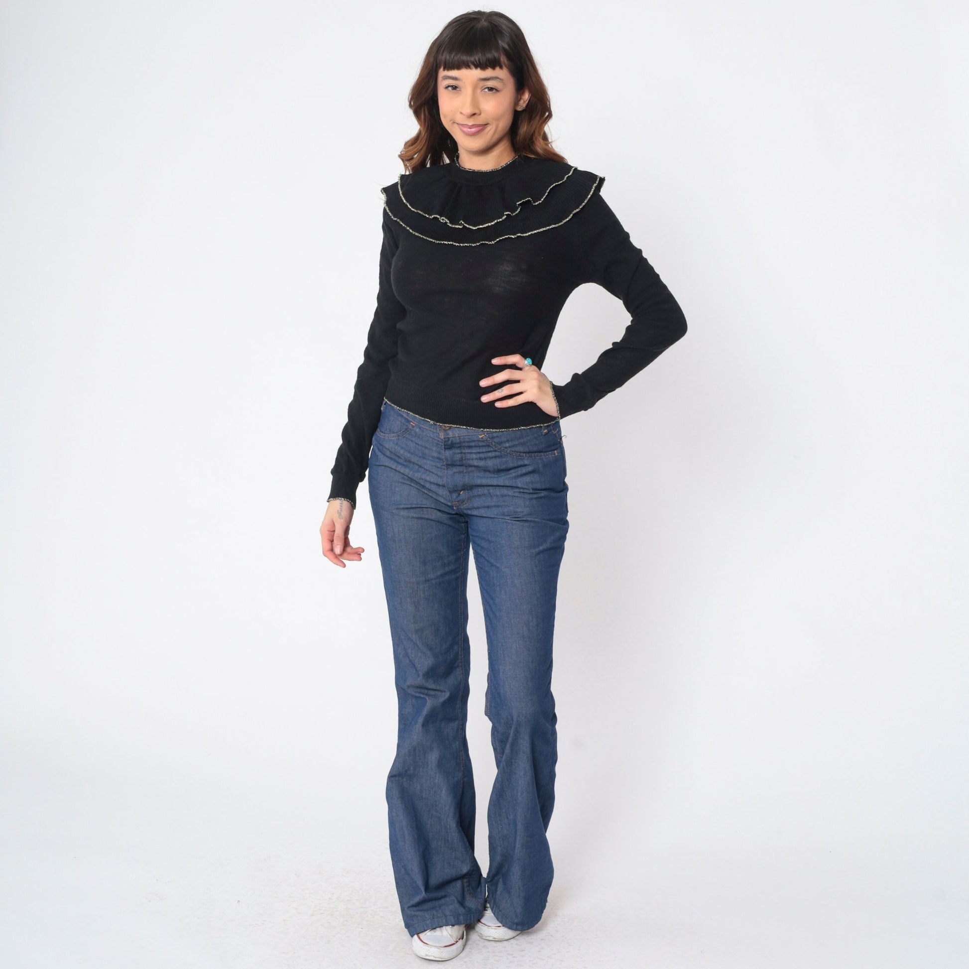 70s Black Sweater Double Bertha Collar Silver Metallic Trim Knit Pullover Extra Small