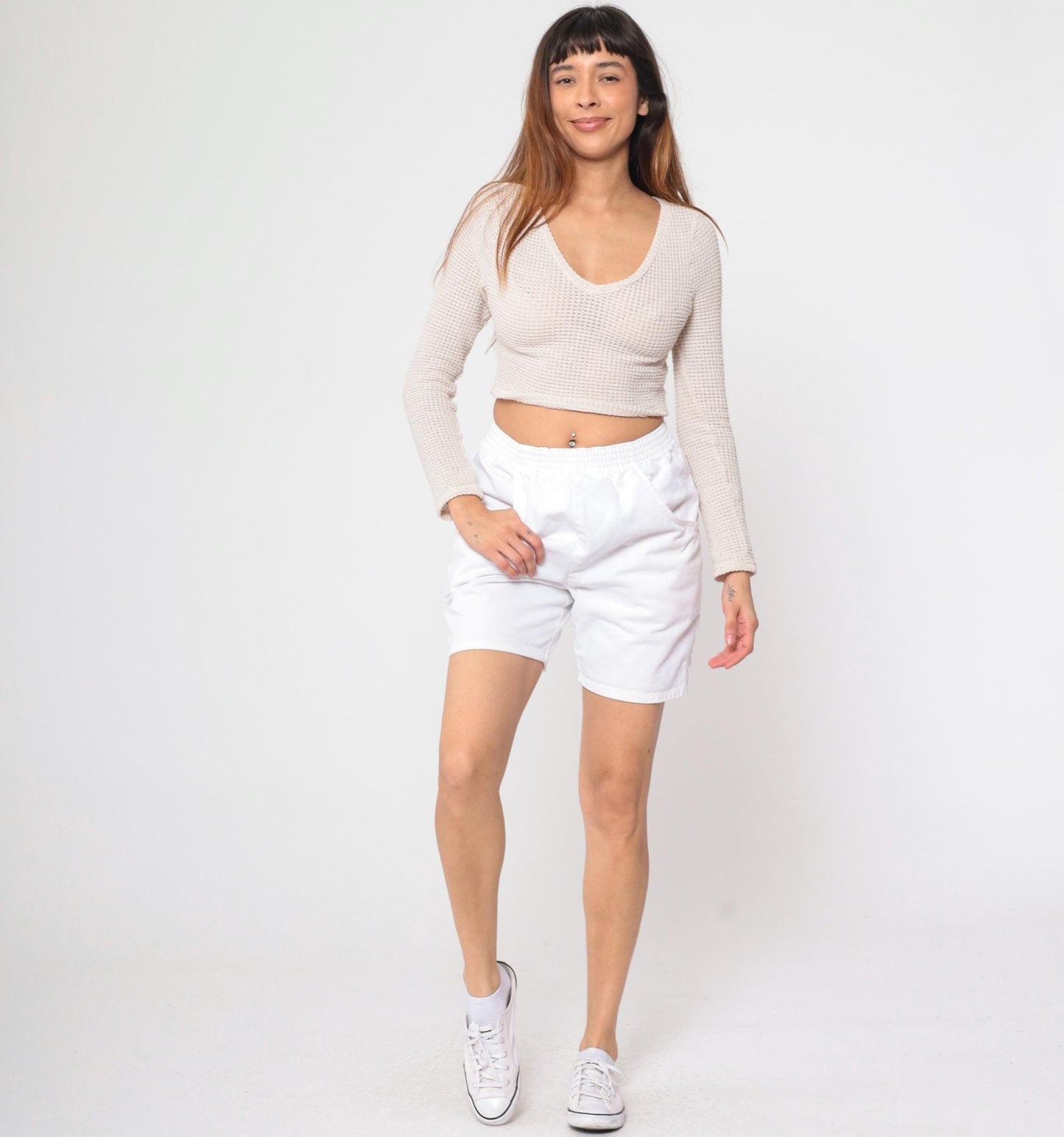 90s White Cotton Lounge Shorts High Waist Elastic Waist Small