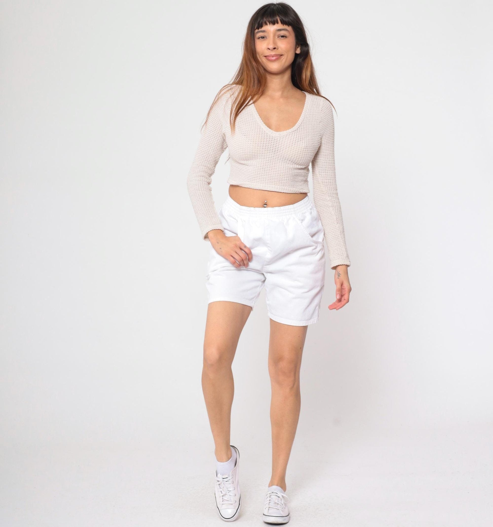 90s White Cotton Lounge Shorts High Waist Elastic Waist Small