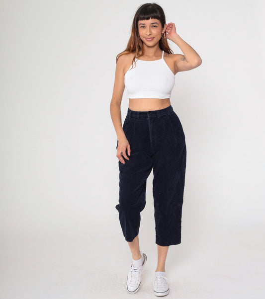 90s High Sierra Navy Corduroy Pleated Cropped Trousers Medium