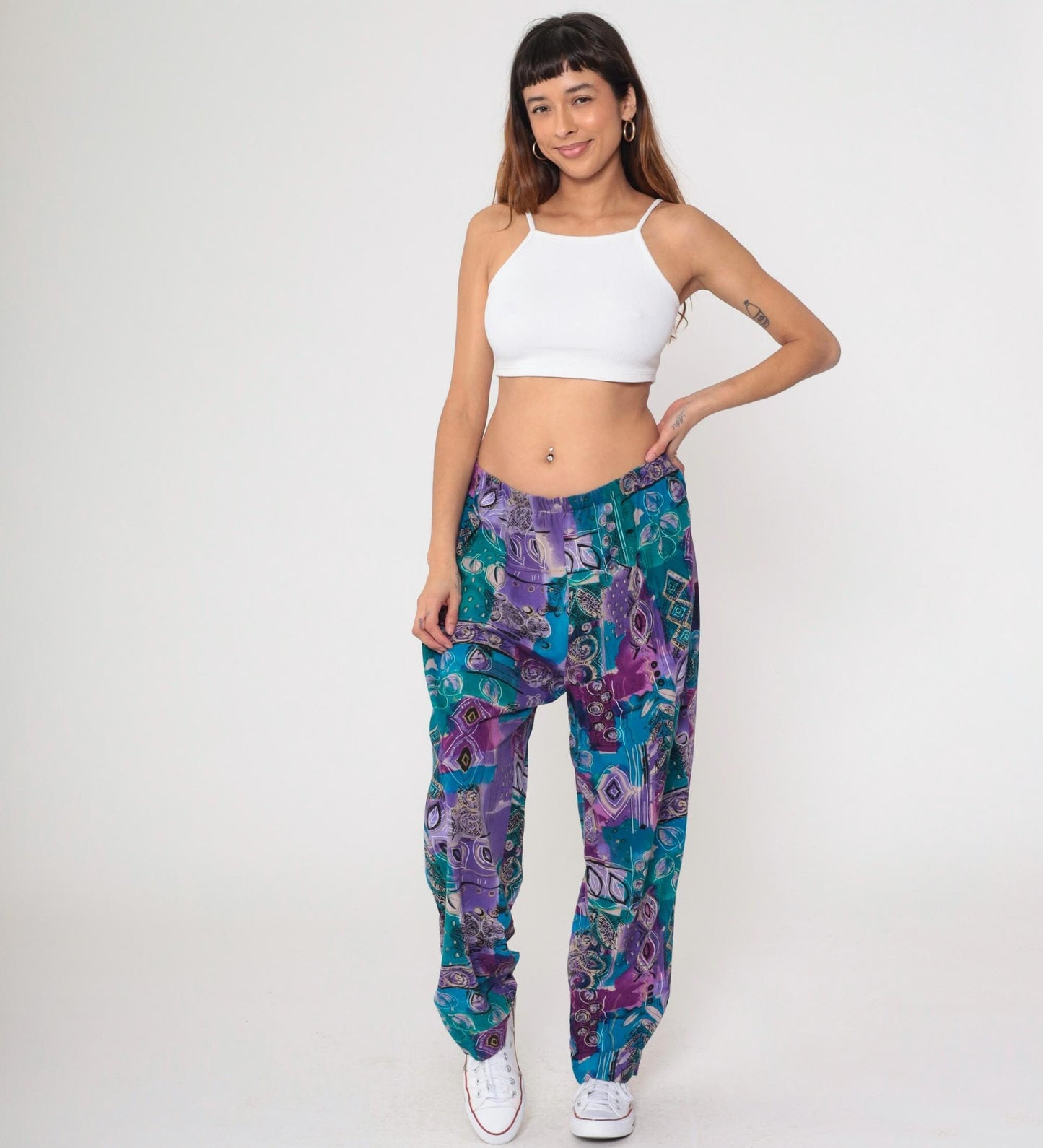 90s Fritzi Plus Sports Parachute Pants Geometric Leaf Print Purple Green Gold Trim 1X