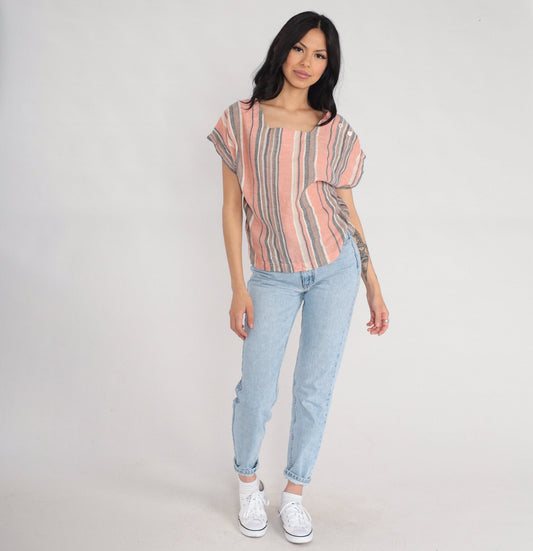 80s Pink Striped Button Shoulder Blouse Short Sleeve Top Medium