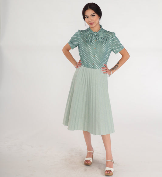70s Green Polka Dot Midi Dress Puff Sleeve Neck Tie High Waisted Medium