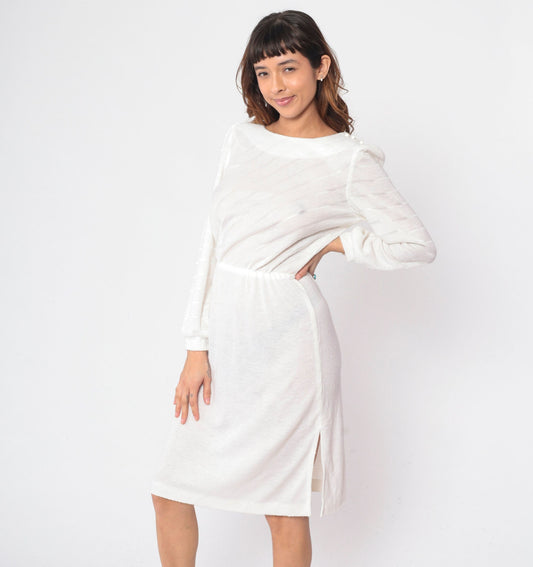 80s White Diagonal Striped Midi Dress Puff Sleeve High Waist Small