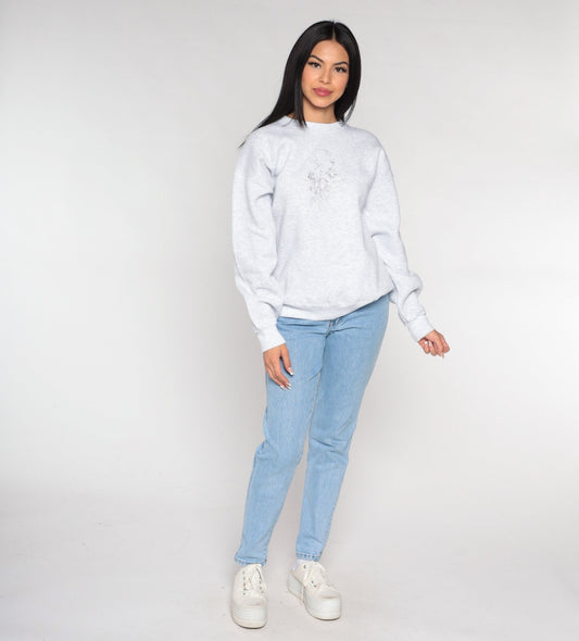 90s Floral Embroidered Sweatshirt Heather Grey Crewneck Pullover Extra Large XXL