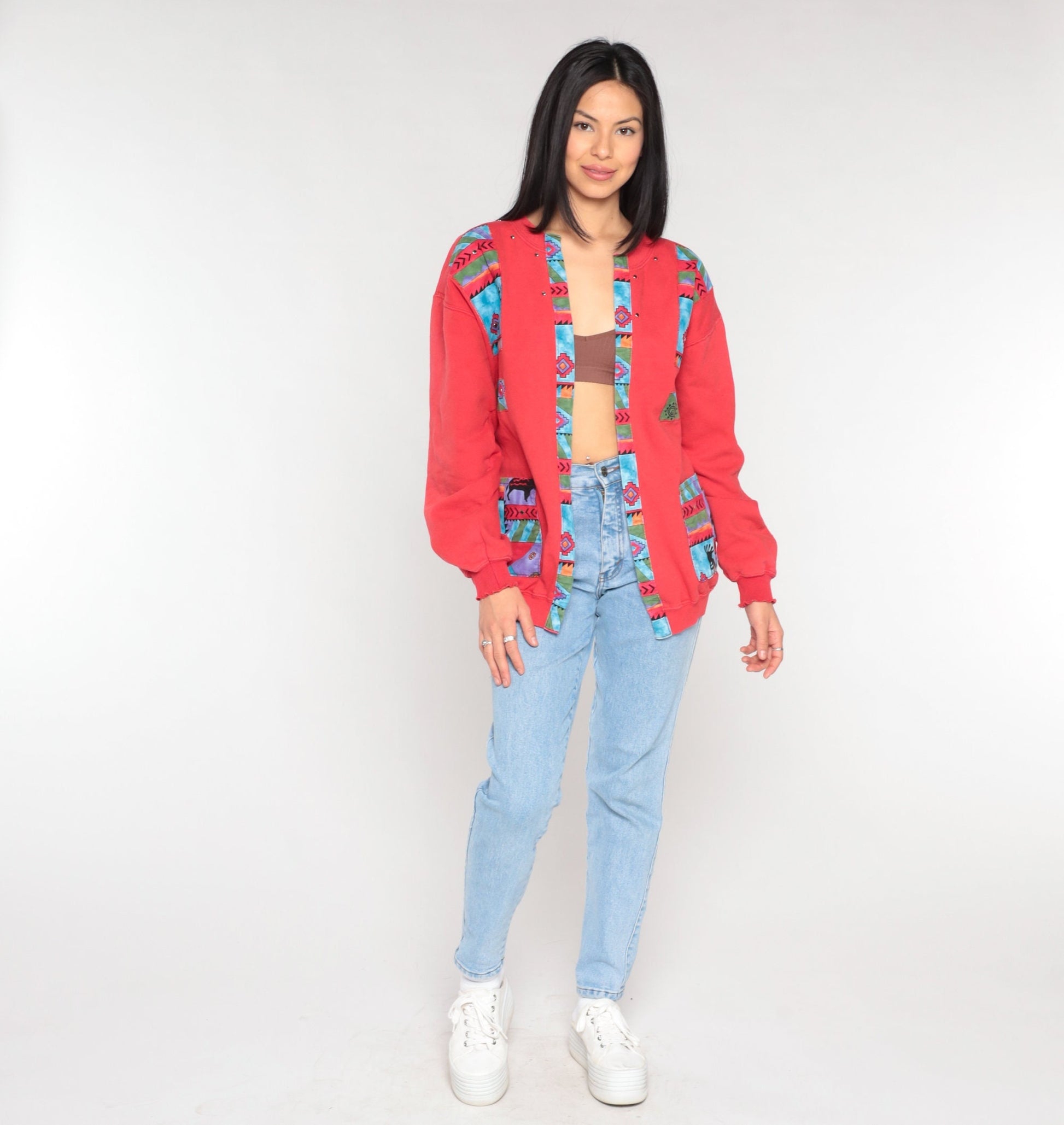 Y2K Southwestern Sweatshirt Cardigan Red Kokopelli Print Open Front Medium M