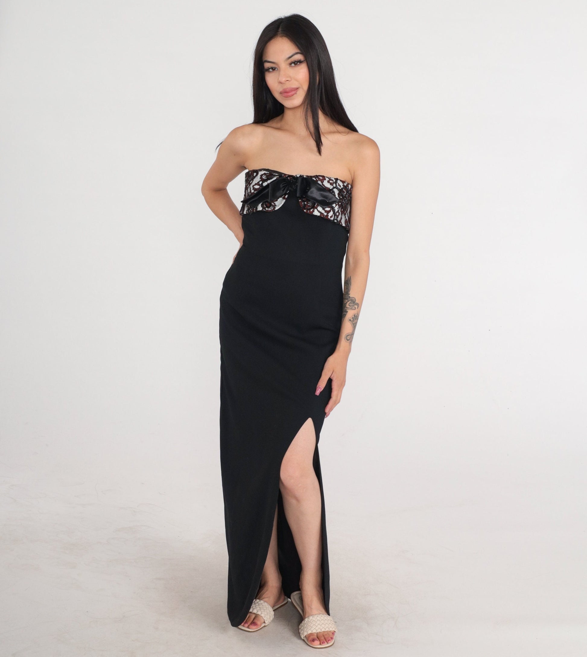 Y2K Black Strapless Maxi Dress Lace Bow Side Slit Formal Gown Small S