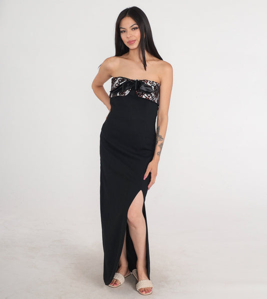 Y2K Black Strapless Maxi Dress Lace Bow Side Slit Formal Gown Small S