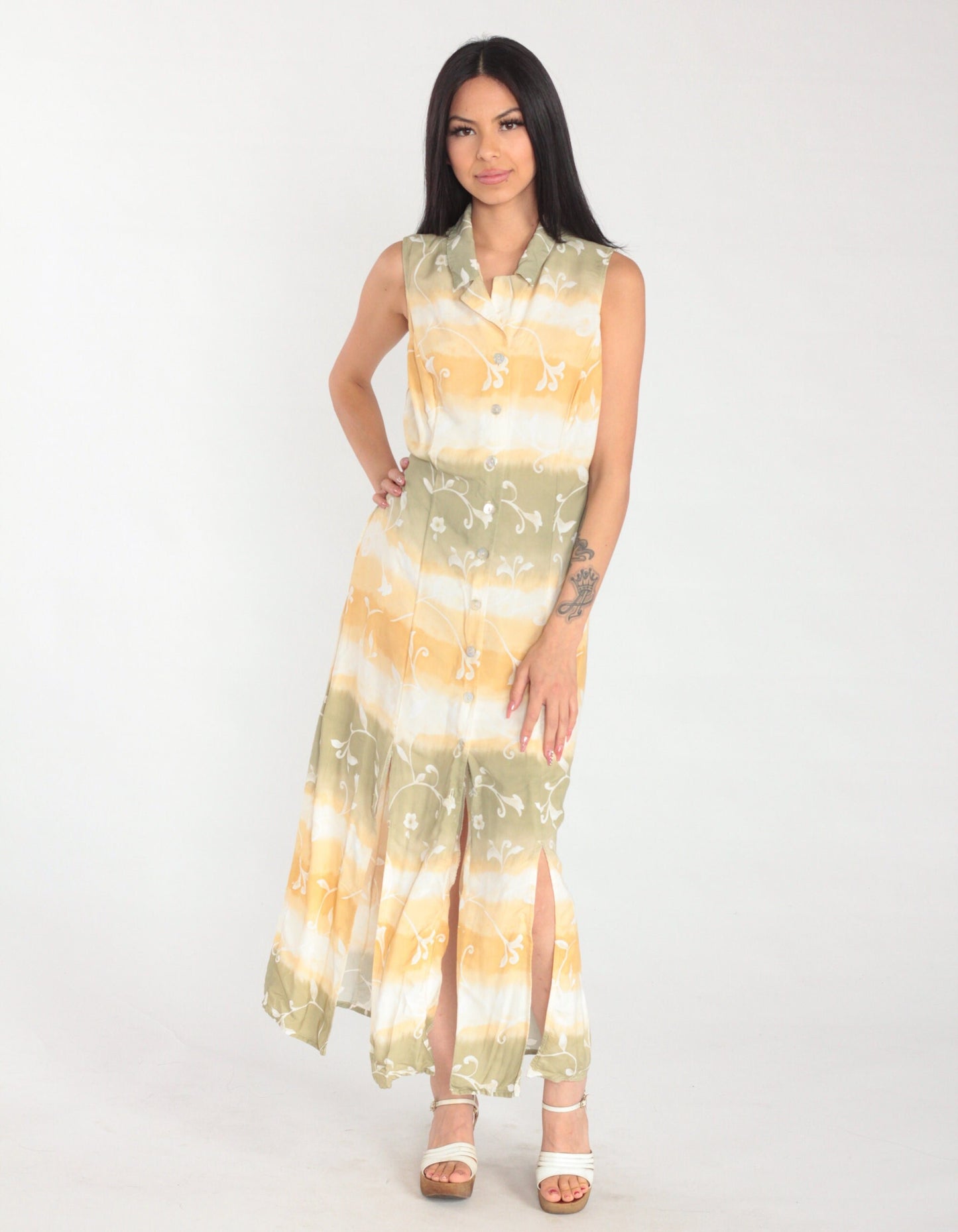 Y2K Tie-Dye Floral Maxi Shirtdress Sleeveless Button-Up Front Slit White Orange Green Medium