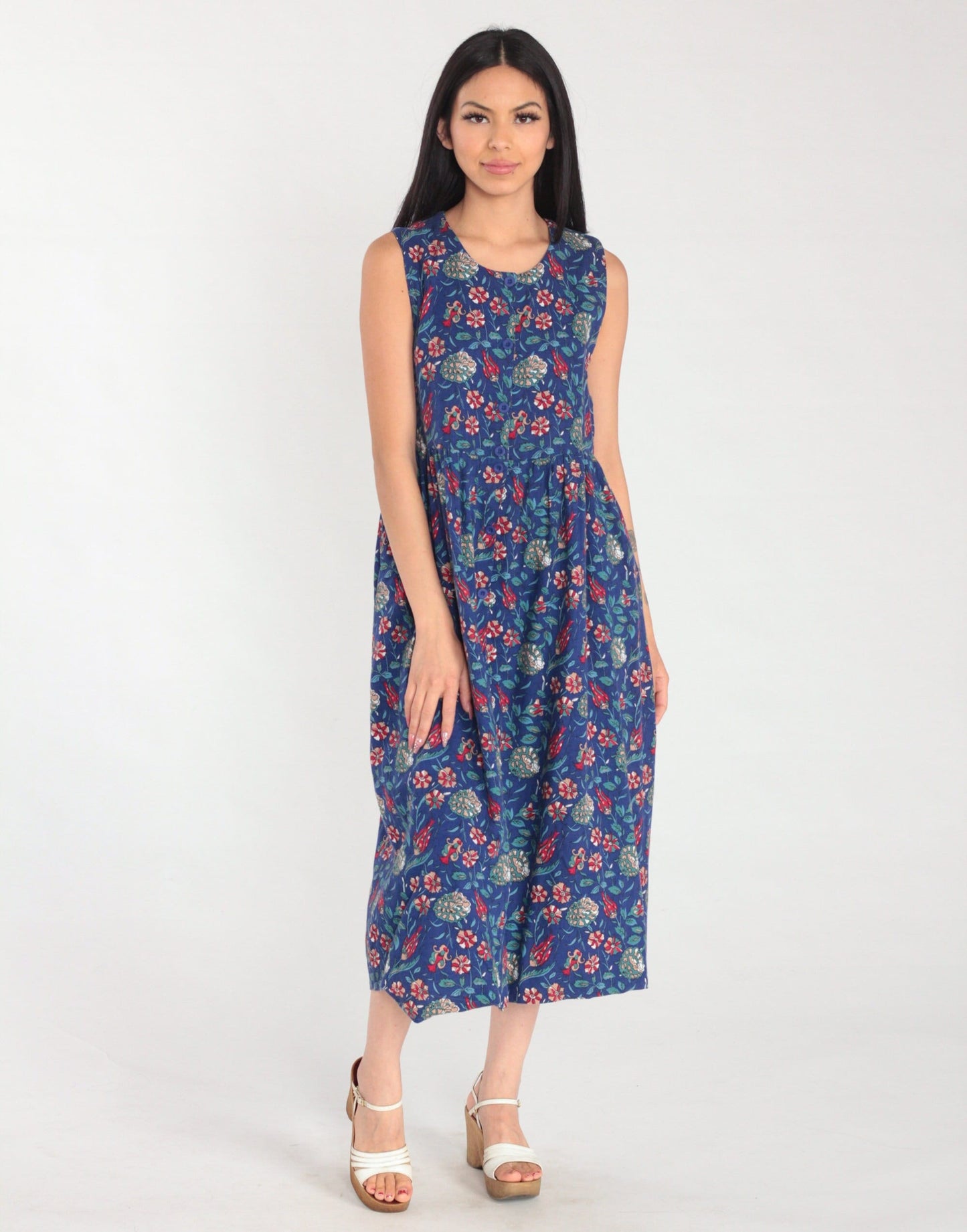 90s Laura Ashley Blue Floral Midi Dress Cotton Wool Blend Sleeveless Small S